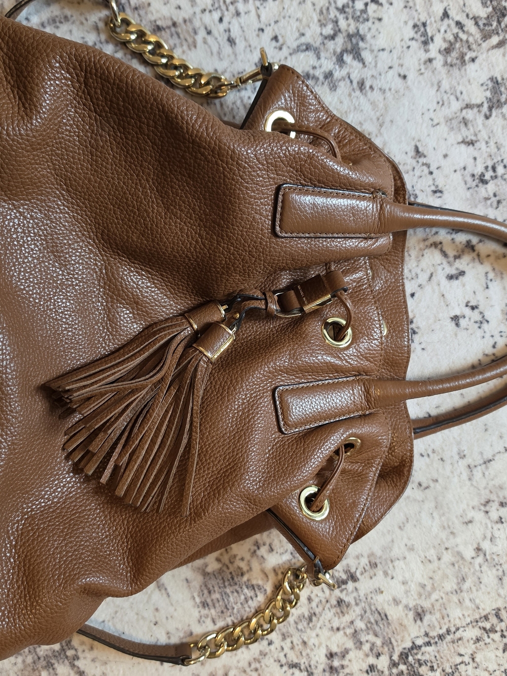 Michael Kors Jules Cognac Pebbled Leather Drawstring Tassel Shoulder Bag